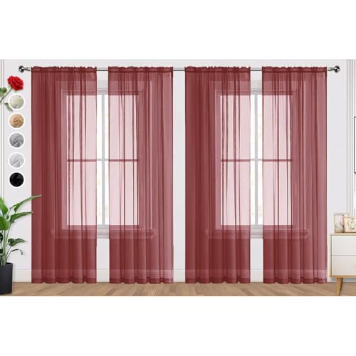 SpaceDresser Burgundy Sheer Curtains 4 Panels Rod Pocket Semi-Sheer Curtain 45 Inches Long Light Filtering Voile Window Drapes for Bedroom Living Room Kitchen, Each 52W x 45L