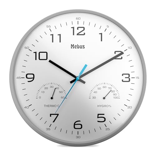 Mebus 16182 Analogue Quartz Wall Clock with Thermometer and Hygrometer in Grey/White 30 cm Diameter