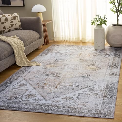 Safavieh Traditional Rug Ideal for High Traffic Areas - Machine Washable and Non Slip - Tucson Collection, Short Pile, in Beige and Grey, 120 X 120 cm