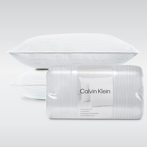 "Calvin Klein Wave Print 20"" x 28"" Standard/Queen Size Set of 2 Bed Pillows for Sleeping, White"