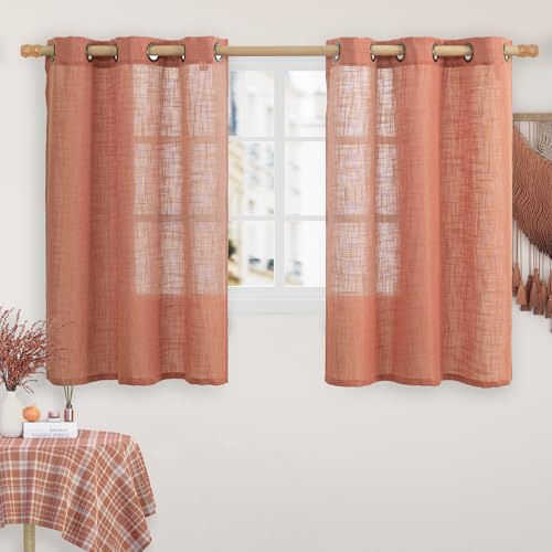 LAMIT Natural Linen Semi Sheer Curtains 48 Inch for Short Windows, Light Filtering Curtains Farmhouse Boho Bronze Grommet Drapes for Kitchen/Loft Room, 2 Panels (34 x 48 Inch, Terracotta)