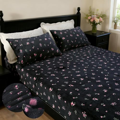 MAG 3Pcs Bowknot Fleece-Flannel Full Size Sheets Set,Microfiber Pink Floral Full Size Bed Set,Romantic Fluffy Warm Super Soft for Women Men,with 1*Fitted Sheet + 2*Pillowcases.