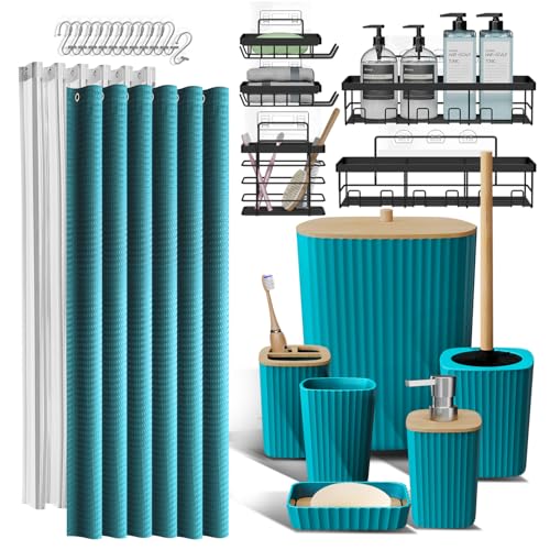Shower Caddy and Bathroom Accessories Set, 25PC Bathroom Accessory Set with Shower Shelf Caddy for Bathroom Storage, Teal Shower Curtain Set, Toilet Brush, Trash Can, Soap Dispenser, Toothbrush holder