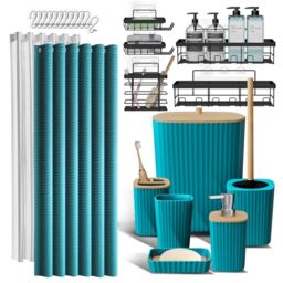 Shower Caddy and Bathroom Accessories Set, 25PC Bathroom Accessory Set with Shower Shelf Caddy for Bathroom Storage, Teal Shower Curtain Set, Toilet Brush, Trash Can, Soap Dispenser, Toothbrush holder