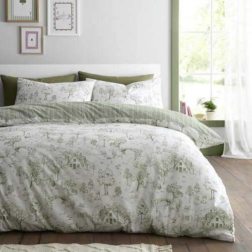 Fusion Woodland Toile Duvet Cover Set King 230 x 220cm – Green Polycotton Easy Care Bedding with Quirky Woodland Print, Includes 2 Pillowcases