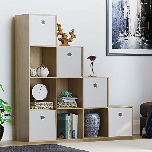Vida Designs Durham Staircase Bookcase Shelves Storage Organiser Living Room Furniture (10 Cube & 5 White Baskets, Oak)
