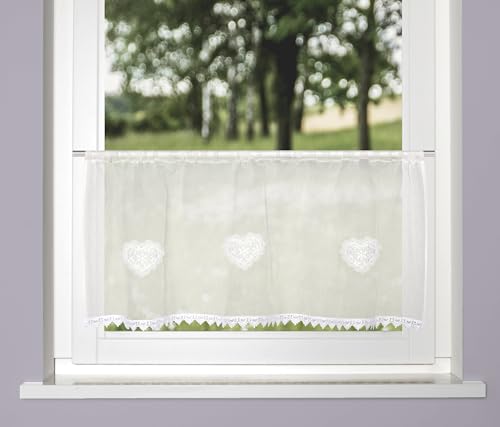 HOME WOHNIDEEN NISHAY Net Curtain, 45 x 145 cm, Transparent Linen Structure, Hearts, Colour: White, Size: 45 x 120 cm, Quantity: 1 x