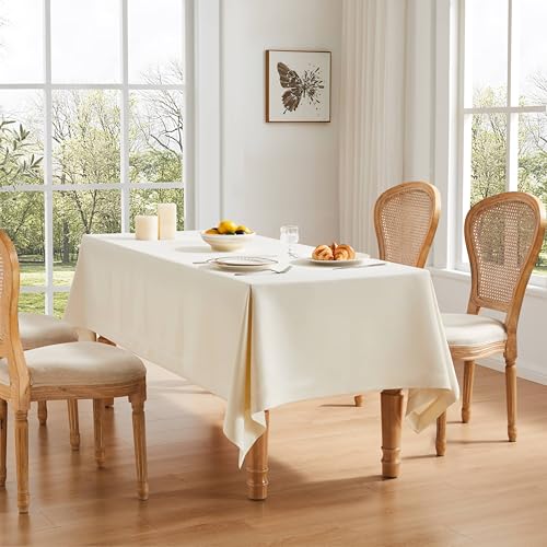 ZeeMart Linen Textured Rectangle Table Cloth, 60x84 Inch Ivory - Heavy Weight Fabric, Durable Thick, Mitered Corners, Modern Farmhouse Table Cloth, Wrinkle Resistant Washable Table Cover