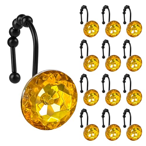 Sunlit Luxury Design Round Yellow Diamond Crystal Gem Bling with Glide Balls Shower Curtain Hooks, Rust Proof Metal Rhinestones Glam Shower Curtain Rings with Black Hooks, Set of 12