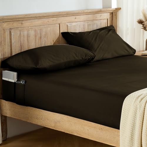 Entisn Pure Cotton Fitted Sheet, Side Pockets, Full (Chocolate Brown) - 400 Thread Count, 16-Inch Deep Pocket, Breathable Cotton, Side Storage Pockets, Machine Washable