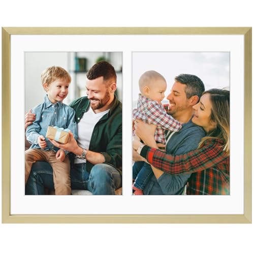 Golden State Art, 8.5X11 Gold Aluminum Collage Frame, Displays Two 5x7 Pictures with Mat or One 8.5 X 11 Photo Without Mat, Real Glass, Easel Stand, Portrait or Landscape Wall Mount(1 Pack)