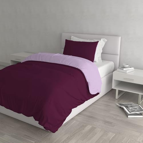 Italian Bed Linen Natural Color Duvet Cover Set with Doubleface Solid Colour Bag Sheet and Pillowcase, 100% Cotton, lillac/Plum, small double