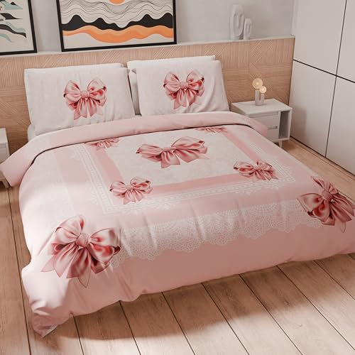 PETTI Artigiani Italiani - Double Duvet Cover Set 200 x 200 cm (2 Pillowcases 75 x 50 cm Included), Microfibre Duvet Cover Set with Digital Print Pink Bow - Made in Italy
