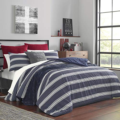 Nautica Home - Craver Collection - 100% Cotton Cozy & Soft, Durable & Breathable Striped Duvet Cover with Matching Shams, 3-Piece Bedding Set, King, Navy