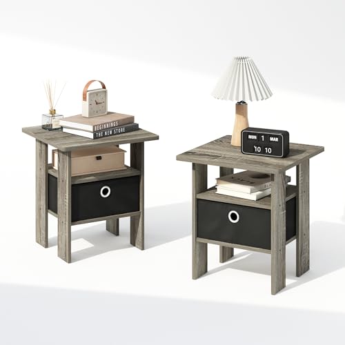 Furinno TIDUR Night Stand Set of 2, Open Shelf Design Nightstand with Storage Bin, Bedside Table, End Table, Side Table, for Bedroom, Living Room, French Oak
