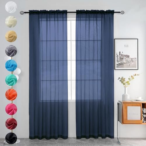 youleyar Solid Sheer Rod Pocket Curtain Voile Draperies 2 Panels White Beige Black Grey Coffee 52 Inch Width 45 Inch Long 1 Pair for Kitchen Bedroom Children Living Room Yard (Navy,52W???45L)