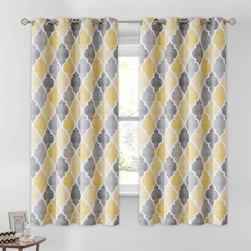 Beauoop Moroccan 100% Blackout Curtains Bedroom Yellow Grey 50x63 2 Panels - Geometric Room Darkening Drapes for Living Room 63 Inch Long Thermal Insulated Soundproof Lattice Window Treatment Grommet
