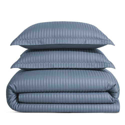 Feather & Stitch 500 Thread Count 3 Piece King Duvet Cover Set, 100% Cotton Duvet Cover, 2 Pillow Shams, Zipper Closure, Blue Stripe