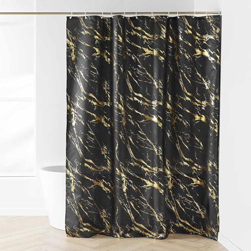 Douceur d'Intérieur, Aqua Black Gold Polyester Metallic Printed Shower Curtain with Hooks (180x200cm)