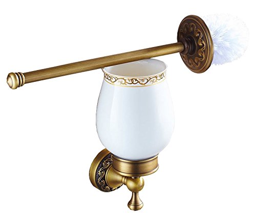 Antique Brass WC Toilet Cleaning Brush + Wall Mounted Holder with Ceramics Cup