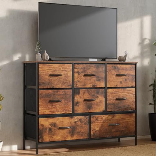 Feonase Chest of Drawers, 8 Fabric Drawers Storage Unit,bedroom drawers,Metal Frame & Wooden Top,for Bedroom,Closet,Hallway,Living Room(Rustic Brown, 30D x 100W x 76 H cm (8 draws))