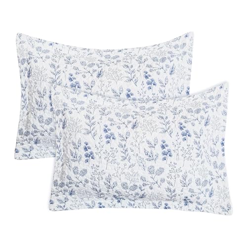 Lady Ann Pillow Shams Standard Size 20x26, 2-Piece Blue and White Floral & Leaves Pattern Printed Pillow Covers, Soft & Cozy Quilted Cotton Decorative Pillow Cases for Bed