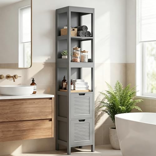 CASART Bathroom Floor Cabinet, Freestanding Tower Rack with 2 Drawers and 3 Open Shelves, Wooden Tall Cupboard Storage Organizer for Bathroom Living Room Kitchen (Grey)