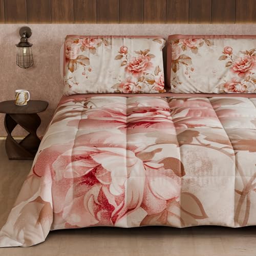 PETTI Artigiani Italiani - Winter Quilt, Winter Duvet, Double Sided Quilt, Solid Colour and Digital Floral Print 04 156, 100% Microfibre, Made in Italy