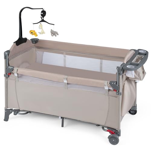 GYMAX 5 in 1 Folding Travel Cot, Portable Baby Bed Playard (Khaki)