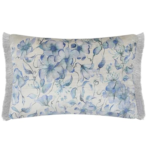 Voyage Maison Daphne Cushion Cover – Fringed Nature Inspired Watercolour Floral Botanical Decorative Case (Blue - 40x60cm)