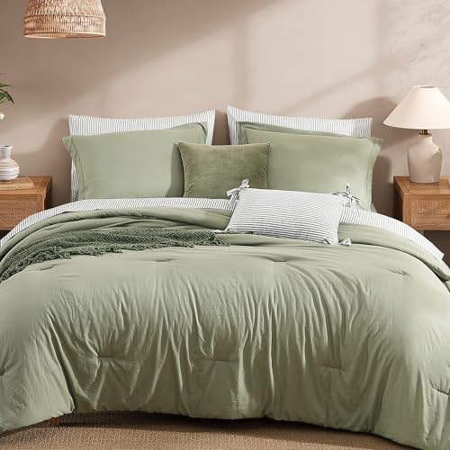 Monbix Full Size Comforter Sets-7 Pieces Soft Bed in a Bag Full Bedding Set - All Season Green Prewashed Comforter Bed Set with Striped Sheets, Pillowcases & Shams