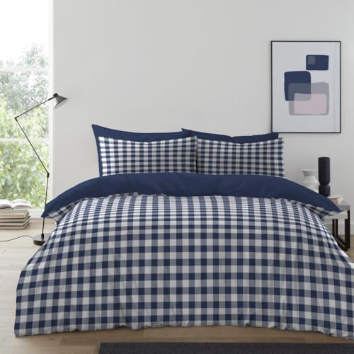 GC GAVENO CAVAILIA Gingham Check Double Duvet Set - Microfiber Tartan Check Bedding Double Bed Set With Pillow Cases - Hypoallergenic & Machine Washable Reversible Quilt Covers Bed Set, Blue