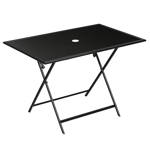 Outsunny Folding Outdoor Dining Table for 6, Rectangle Garden Table Tempered Glass Top with Parasol Hole for Patio, Balcony, Terrace, 110 x 70 x 70 cm, Black