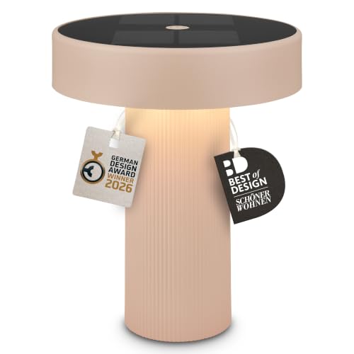 BRILONER - Poga Rechargeable LED Table Lamp, Solar Panel, Stepless Touch Dimmer, IP44, USB-C, Night Light, Battery Lamp, German Design Award Winner 2026, 16 x 20 cm, Beige