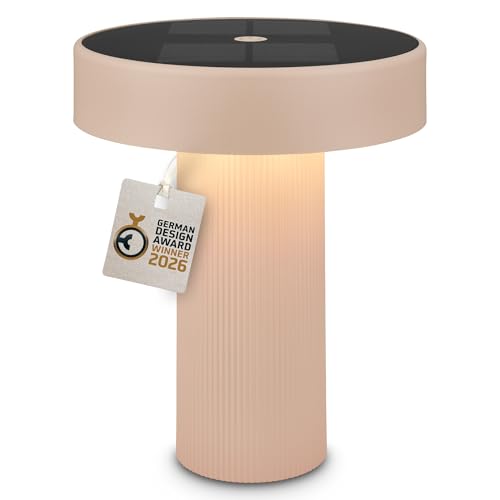 BRILONER - Poga Rechargeable LED Table Lamp, Solar Panel, Stepless Touch Dimmer, IP44, USB-C, Night Light, Battery Lamp, German Design Award Winner 2026, 16 x 20 cm, Beige