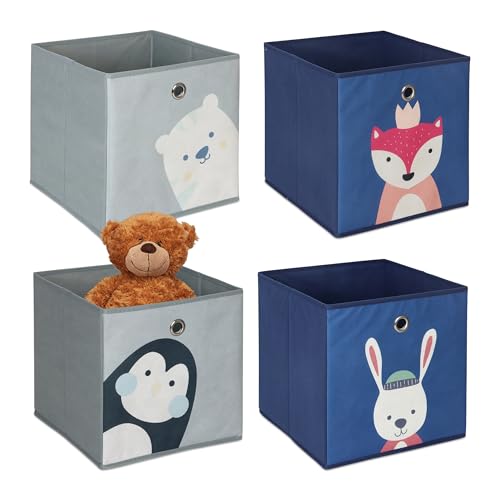 Relaxdays Animal Design Storage Box for Kids, Foldable Toy Basket, 30x30x30 cm