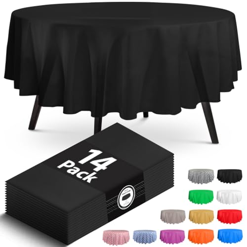 14 Pack Premium Round Black Plastic Tablecloth - 84 x 84 in. Disposable Round Plastic Table Cloth - Decorative Round Table Cover Smooth Table Cover - Disposable Table Cloths For Parties, Weddings