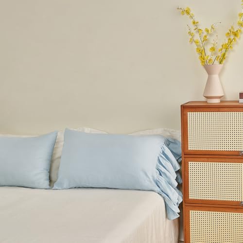 ESASILK 100% French Linen Pillowcase Ruffles Pillow cover King Queen Twin 1 pcs (QUEEN, WATER BLUE)
