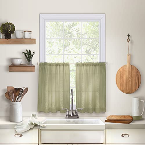 "Elrene Home Fashions Cameron Linen Tier Curtains, 30"" W x 24"" L Each (Set of 2 Tiers), Sage Green"