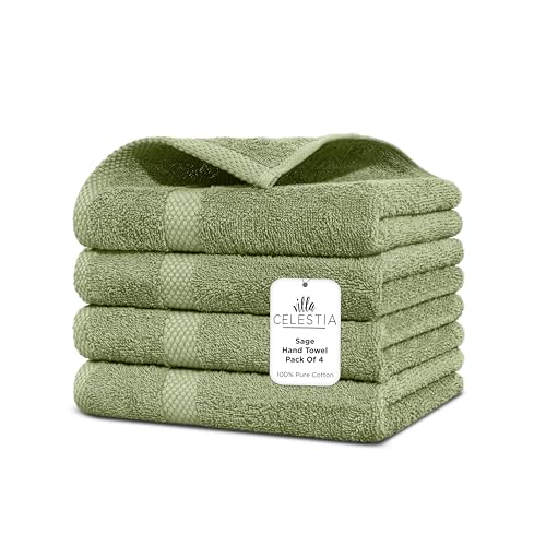 Villa Celestia 100% Cotton Hand Towel Set of 4, (16 x 28 inches) Sustainable, Soft, Highly Absorbent, Quick Drying, Combed Cotton Hand Towels Pack of 4 Ideal for Hotels, Spa, Bathroom, Dorm, Sage