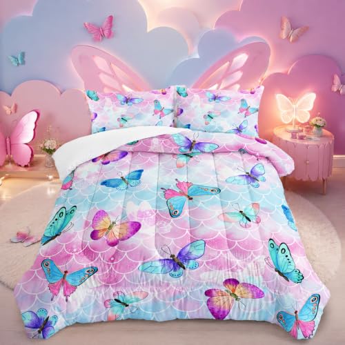 XYNHML Rainbow Butterfly Comforter Set Full Size for Girls Kids Adults Mermaid Scales Pattern Bedding Set Aesthetics Butterflies Quilt Bed Set with 1 Comforter and 2 Pillowcases