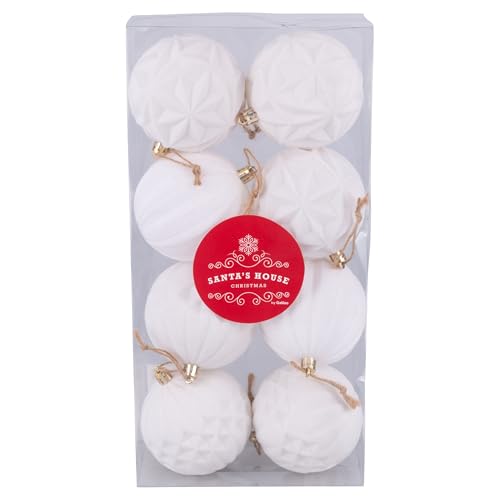 Santa's House Set of 8 White Velvet Effect Christmas Baubles Diameter 8 cm Plastic