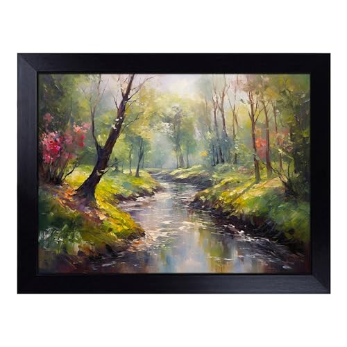 Lap Tray with Bean Bag Cushion, Stream Impressionism - Handmade in the UK, Raised Wooden Edge, Padded Cushion, Heat-Resistant Wipe-Clean Surface, for Meals, Laptops and Crafts