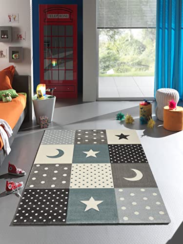 Mia's Rugs Marie Children's Rug for Boys and Girls, Pastel, Modern, Checked, Dots, Moon, Stars, Colour: Blue, Size: 120 x 170 cm