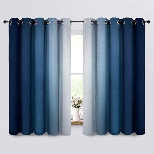 Yakamok Room Darkening Ombre Curtains,Thermal Insulated Grommet Window Drapes, Light Blocking Gradient Color Curtains for Bedroom(Blue and Greyish White, 70x63 Inch, Set of 2)