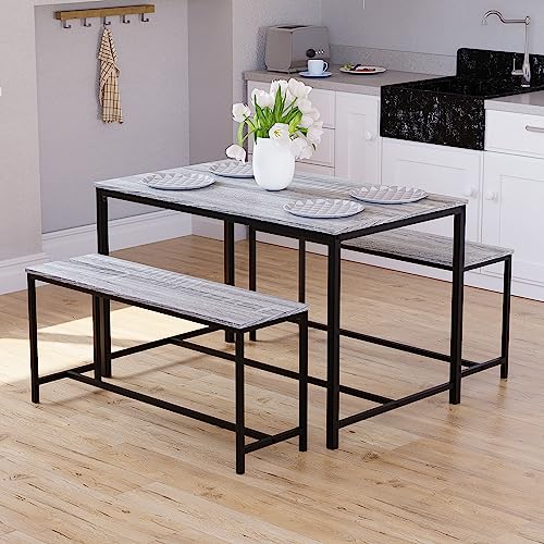 Vida Designs Brooklyn 4 Seater Dining Set 3 Piece Table & Bench Set Industrial Dining Room Furniture (Grey)