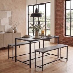 Vida Designs Brooklyn 4 Seater Dining Set 3 Piece Table & Bench Set Industrial Dining Room Furniture (Grey)