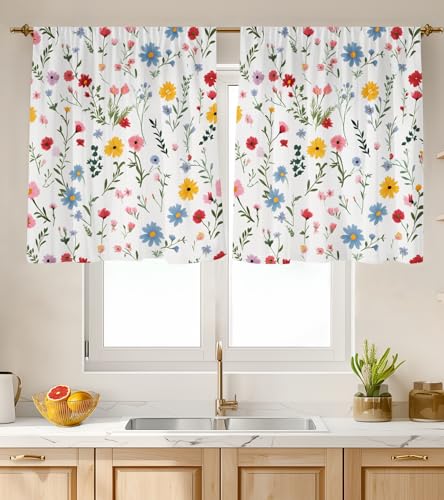 "Stanoha Kitchen Curtains (2 Pcs) Over Sink Cafe Basement Cortinas para Cocina Farmhouse Short Mini Curtain for Bathroom Window Spring Summer Elegant Country Rustic Modern Cute, 26??30"", White Floral"
