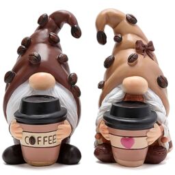 Hodao Coffee-Themed Gnome Duo: Male & Female Gnome Figurines, Coffee Decor Statue for Indoor Home Decor, Gardens, Porches - Brown