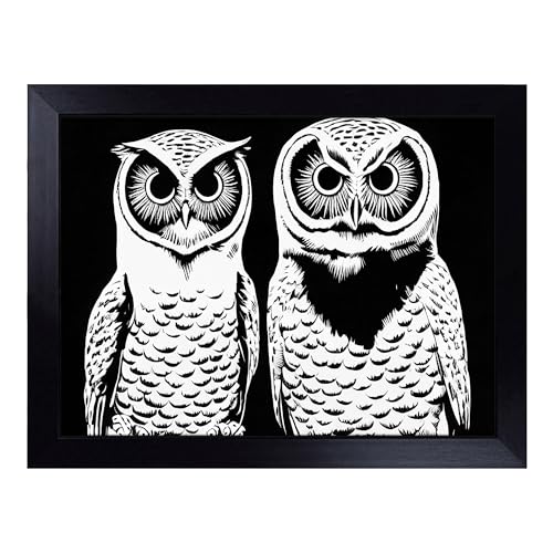Lap Tray with Bean Bag Cushion, Monochrome Owls - Handmade in the UK, Raised Wooden Edge, Padded Cushion, Heat-Resistant Wipe-Clean Surface, for Meals, Laptops and Crafts
